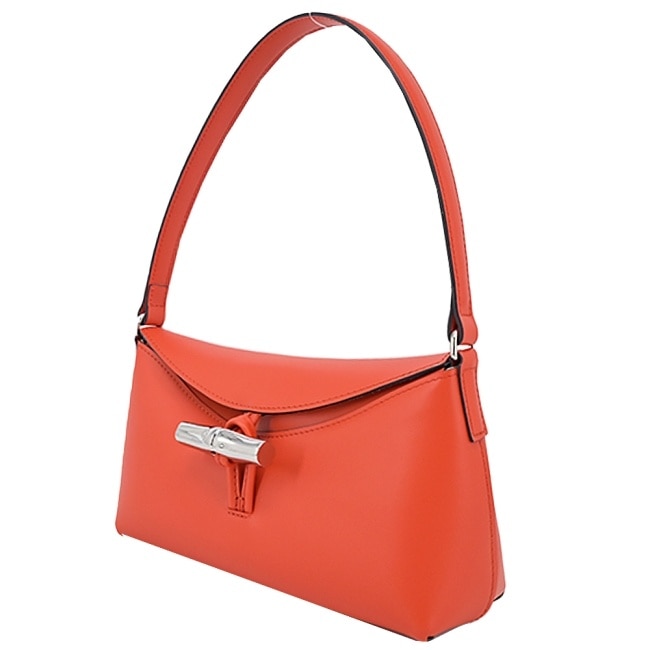 LONGCHAMP LE ROSEAU系列金屬竹節牛皮半月形單肩包(小/紅椒)10230-HCL-685