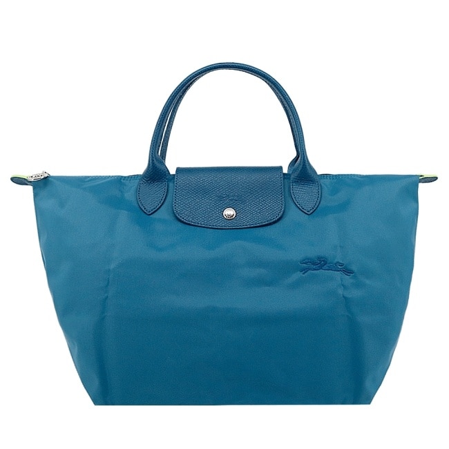 LONGCHAMP LE PLIAGE GREEN系列刺繡手提水餃包(中/孔雀藍)1623-919-P89