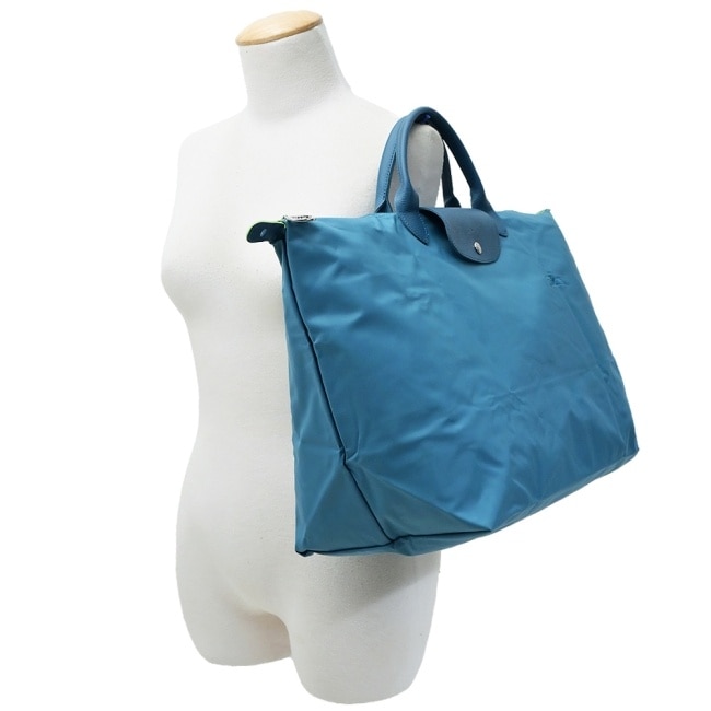 LONGCHAMP LE PLIAGE GREEN系列刺繡摺疊旅行袋(小/孔雀藍)1624-919-P89