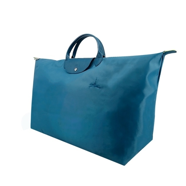 LONGCHAMP LE PLIAGE GREEN系列刺繡摺疊旅行袋(中/孔雀藍)1625-919-P89