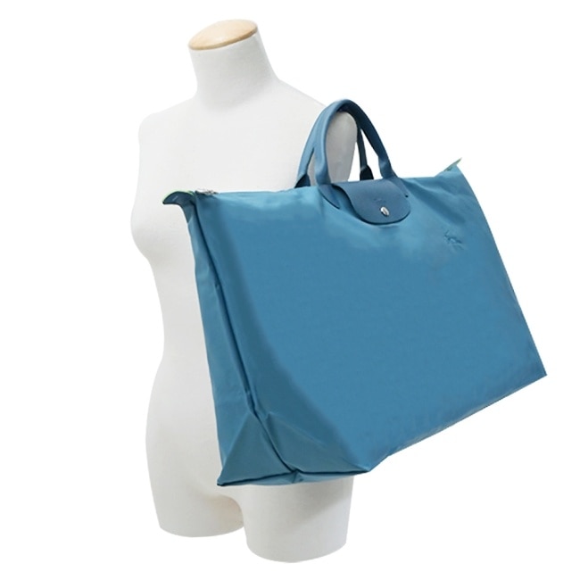 LONGCHAMP LE PLIAGE GREEN系列刺繡摺疊旅行袋(中/孔雀藍)1625-919-P89