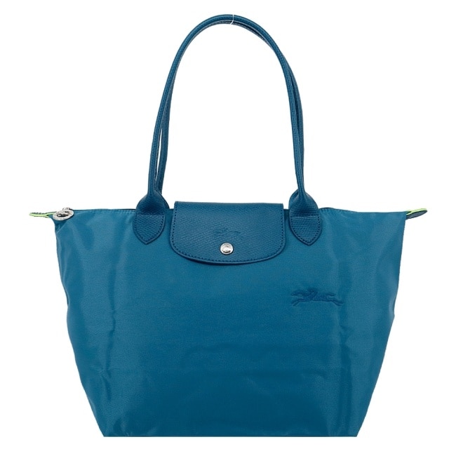 LONGCHAMP LE PLIAGE GREEN系列刺繡肩背水餃包(中/孔雀藍)2605-919-P89