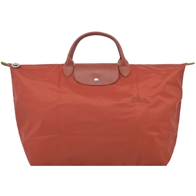 LONGCHAMP LE PLIAGE GREEN系列刺繡摺疊旅行袋(小/栗子紅)1624-919-404