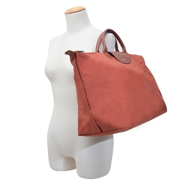 LONGCHAMP LE PLIAGE GREEN系列刺繡摺疊旅行袋(小/栗子紅)1624-919-404