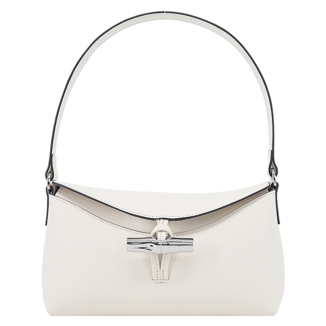 LONGCHAMP LE ROSEAU系列金屬竹節牛皮半月形單肩包(小/白)10230-HCL-037