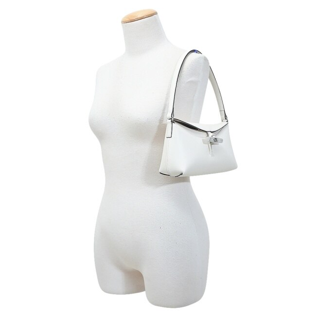LONGCHAMP LE ROSEAU系列金屬竹節牛皮半月形單肩包(小/白)10230-HCL-037