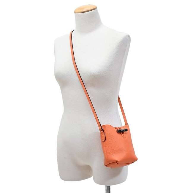 LONGCHAMP ROSEAU ESSENTIAL系列竹節牛皮斜背水桶包(迷你/柳橙)10207-968-217
