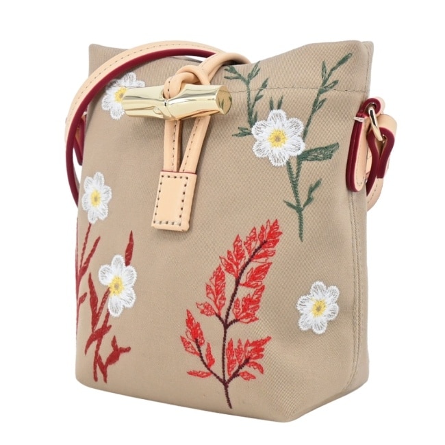 LONGCHAMP LE ROSEAU系列竹節雛菊帆布斜背水桶包(迷你/燕麥)10207-HEV-J01