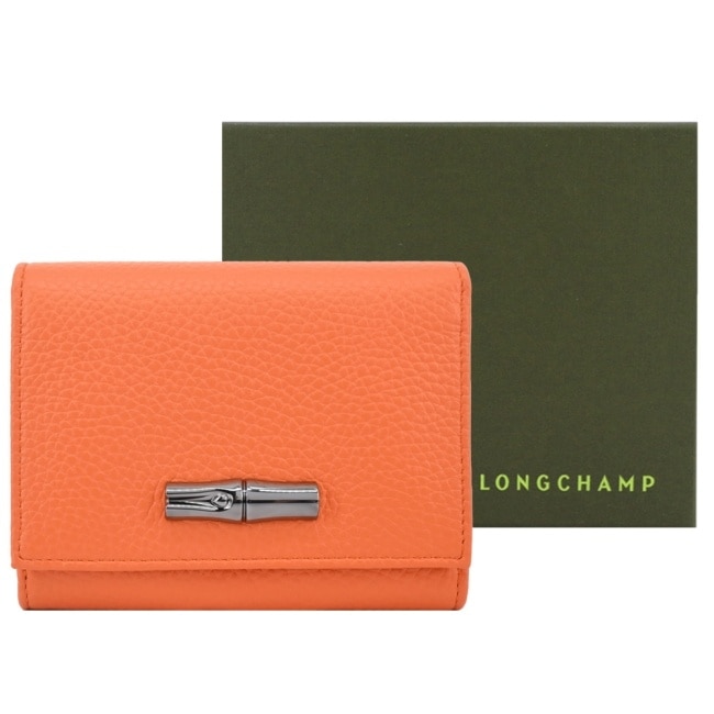 LONGCHAMP ROSEAU ESSENTIAL系列竹節牛皮壓釦短夾(柳橙) 30021-968-217
