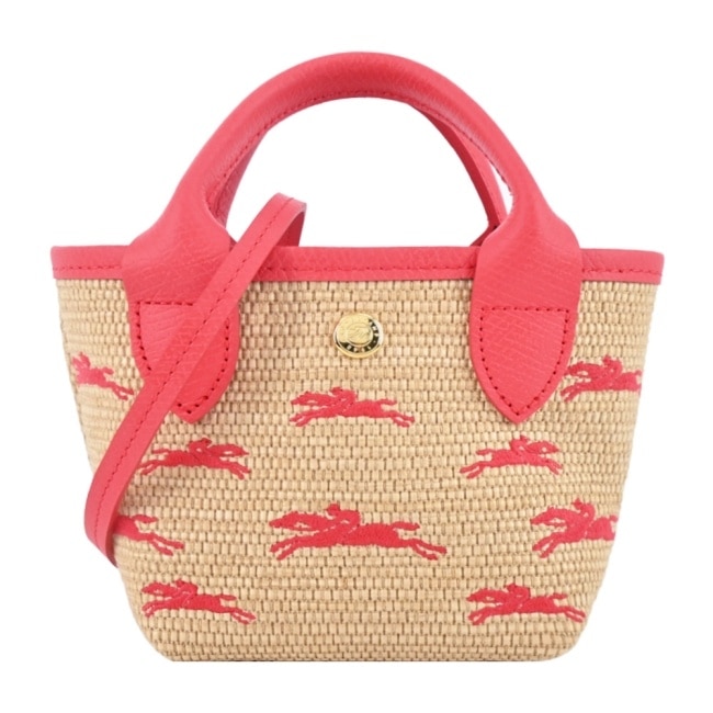 LONGCHAMP LE PANIER PLIAGE系列編織奔馬兩用包(迷你/草莓紅)10206-HCF-218
