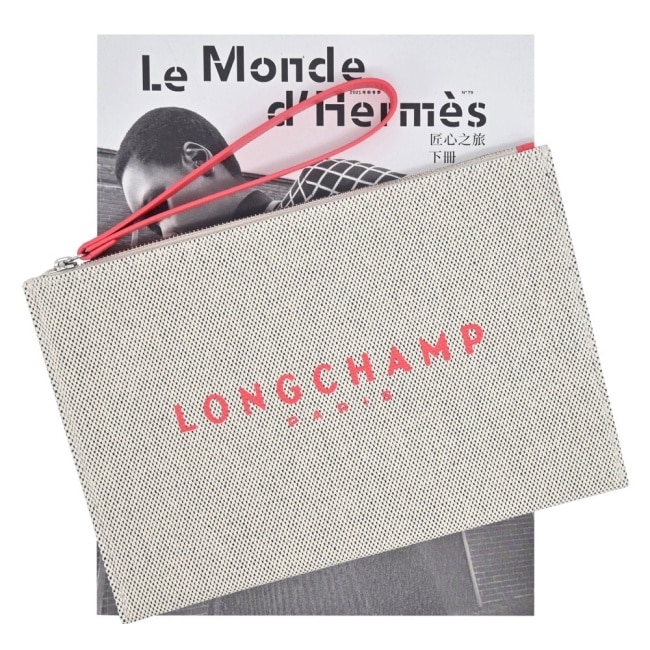 LONGCHAMP ESSENTIAL系列帆布LOGO字母手拿包(草莓紅)34136-HSG-218