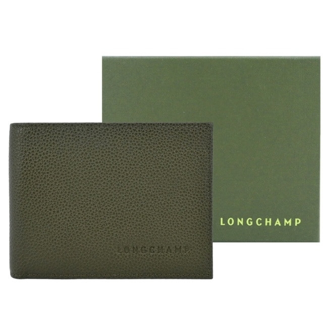 LONGCHAMP LE FOULONNE系列牛皮雙折零錢袋多卡短夾(卡其綠) 4249-021-A23
