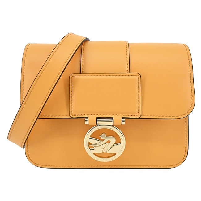 LONGCHAMP BOX-TROT系列小牛皮金屬LOGO翻蓋斜背包(小/杏黃)10174-HAU-222