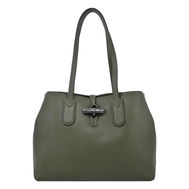 LONGCHAMP ROSEAU ESSENTIAL系列金屬竹節牛皮肩背包(中/卡其綠)10183-968-892