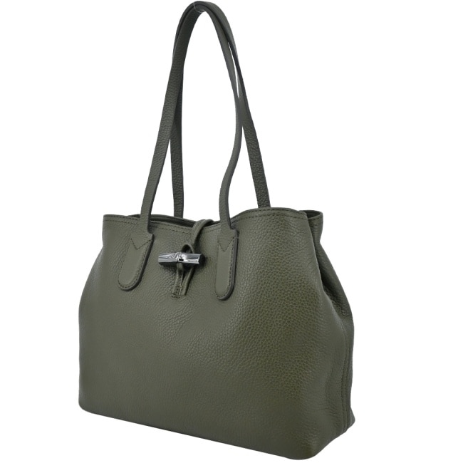 LONGCHAMP ROSEAU ESSENTIAL系列金屬竹節牛皮肩背包(中/卡其綠)10183-968-892