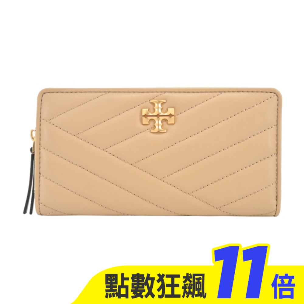 TORY BURCH  KIRA 金屬LOGO皮革拉鍊絎縫長夾-奶茶90348-251