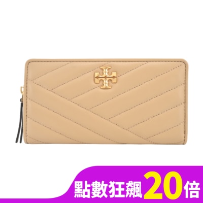 TORYBURCH TORY BURCH  KIRA 金屬LOGO皮革拉鍊絎縫長夾-奶茶90348-251