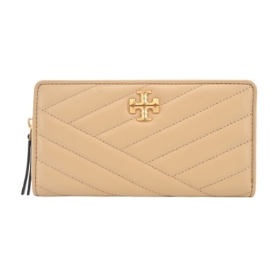 TORYBURCH TORY BURCH  KIRA 金屬LOGO皮革拉鍊絎縫長夾-奶茶90348-251