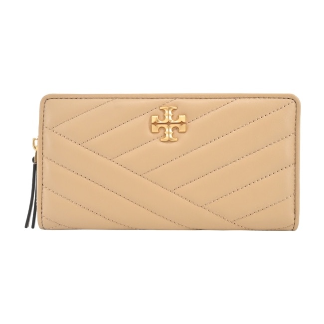 TORY BURCH  KIRA 金屬LOGO皮革拉鍊絎縫長夾-奶茶90348-251