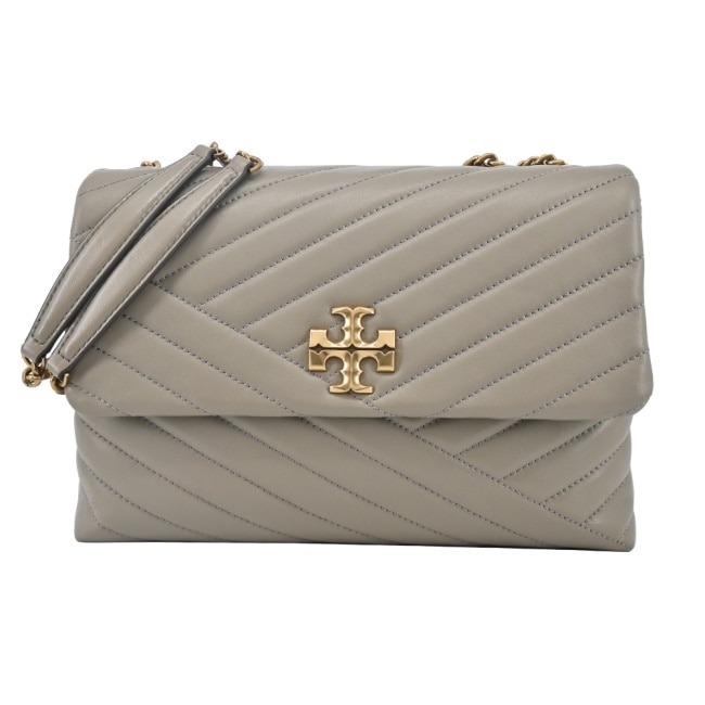 TORY BURCH KIRA 雙T金字LOGO鍊斜紋衍縫翻蓋兩用包-大/灰90446-082