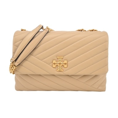 TORY BURCH TORY BURCH KIRA 雙T金字LOGO鍊斜紋衍縫翻蓋兩用包-大/奶茶90446-251