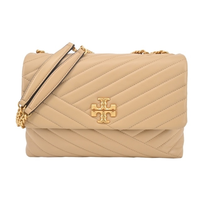 TORY BURCH KIRA 雙T金字LOGO鍊斜紋衍縫翻蓋兩用包-大/奶茶90446-251