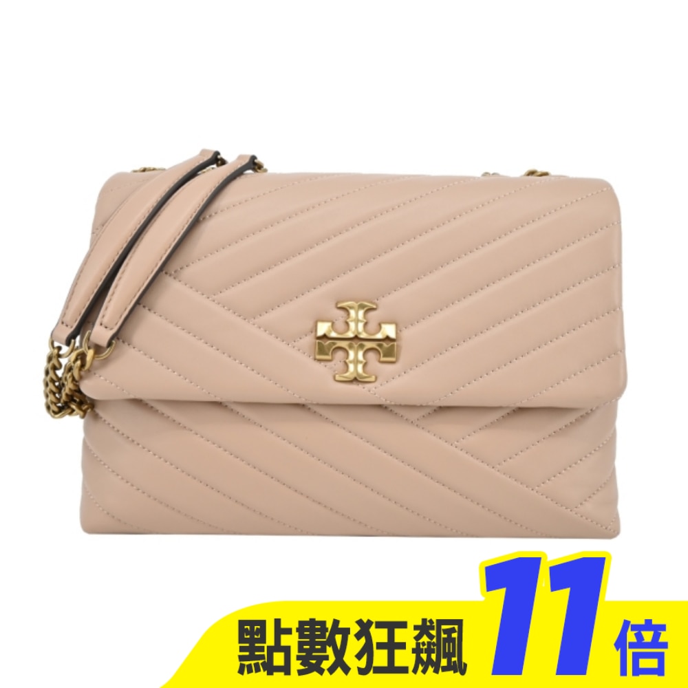 TORY BURCH KIRA 雙T金字LOGO鍊斜紋衍縫翻蓋兩用包-大/粉90446-288