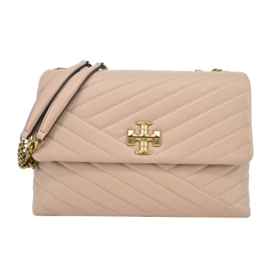 TORY BURCH TORY BURCH KIRA 雙T金字LOGO鍊斜紋衍縫翻蓋兩用包-大/粉90446-288