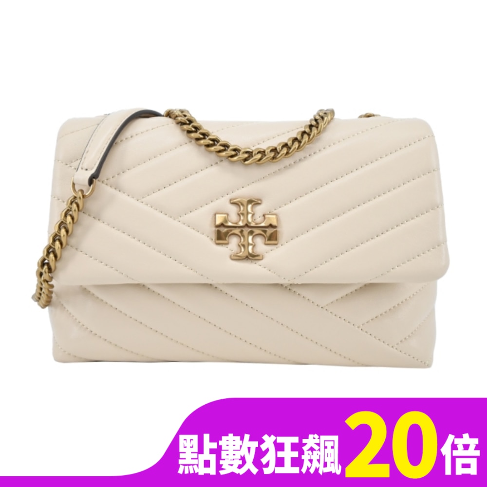 TORY BURCH KIRA 雙T金字LOGO鍊斜紋衍縫翻蓋兩用包-小/米白90452-122