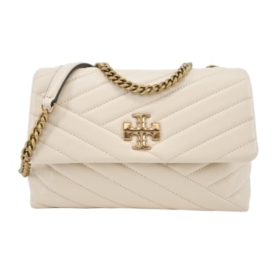 TORYBURCH TORY BURCH KIRA 雙T金字LOGO鍊斜紋衍縫翻蓋兩用包-小/米白90452-122