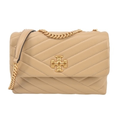 TORY BURCH TORY BURCH KIRA 雙T金字LOGO鍊斜紋衍縫翻蓋兩用包-小/奶茶90452-251