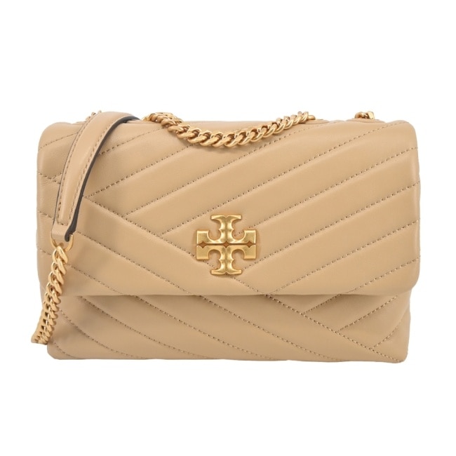 TORY BURCH KIRA 雙T金字LOGO鍊斜紋衍縫翻蓋兩用包-小/奶茶90452-251