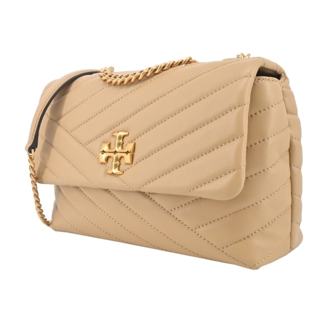 TORY BURCH KIRA 雙T金字LOGO鍊斜紋衍縫翻蓋兩用包-小/奶茶90452-251