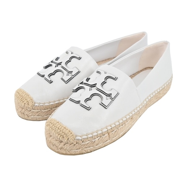 TORY BURCH INES 皮革厚底草編平底鞋-白144346-109-7.5