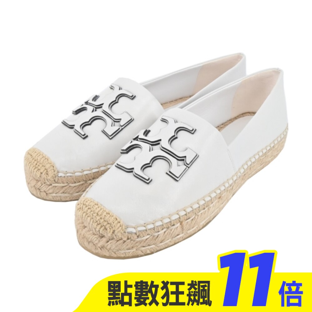 TORY BURCH INES 皮革厚底草編平底鞋-白144346-109-7.5