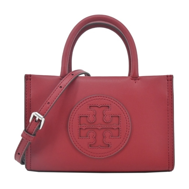 TORY BURCH ELLA BIO縫線皮革兩用托特包-迷你/莓果紅145613-601