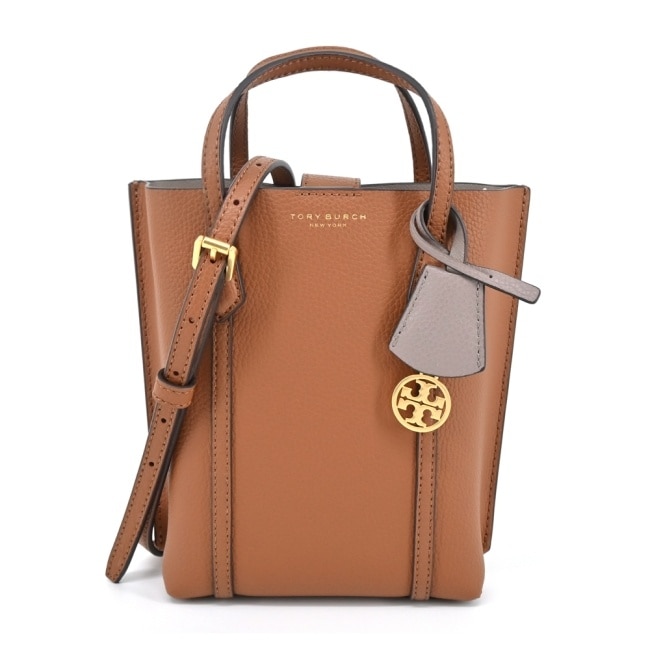 TORY BURCH PERRY荔枝紋雙層手提/斜背兩用包-迷你/棕142616-905