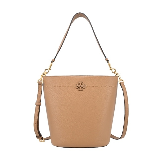 TORY BURCH MCGRAW荔枝紋雙T LOGO手提/斜背水桶包-大/駝143544-227