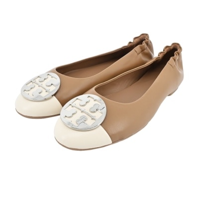 TORYBURCH TORY BURCH CLAIRE 皮革LOGO拼色芭蕾平底鞋-奶茶白148336-250-7.5