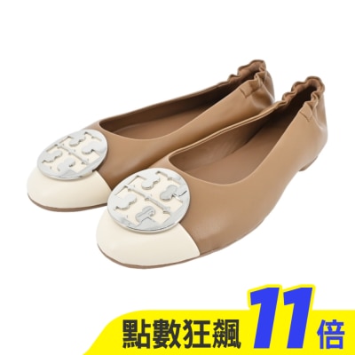 TORY BURCH TORY BURCH CLAIRE 皮革LOGO拼色芭蕾平底鞋-奶茶白148336-250-7.5