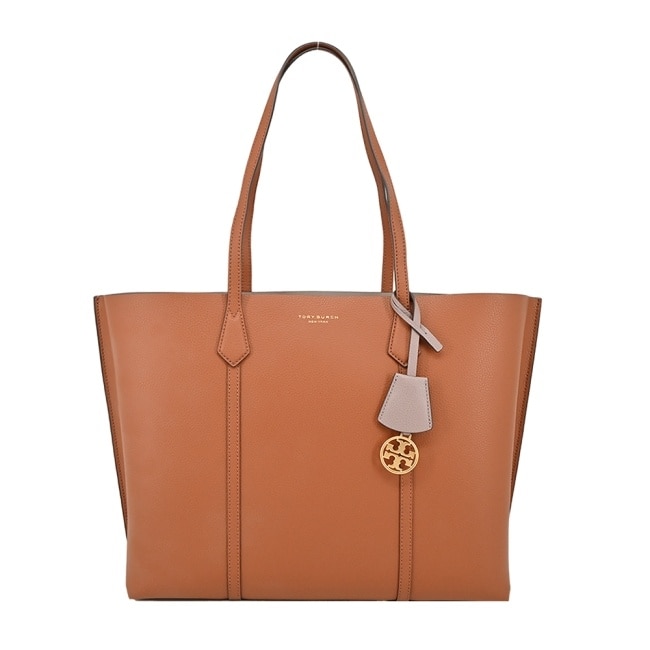 TORY BURCH PERRY燙金LOGO荔枝紋三層托特包-棕81932-905