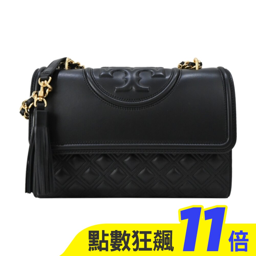 TORY BURCH FLEMING 菱格流蘇鍊帶兩用包-大/黑金76997-001