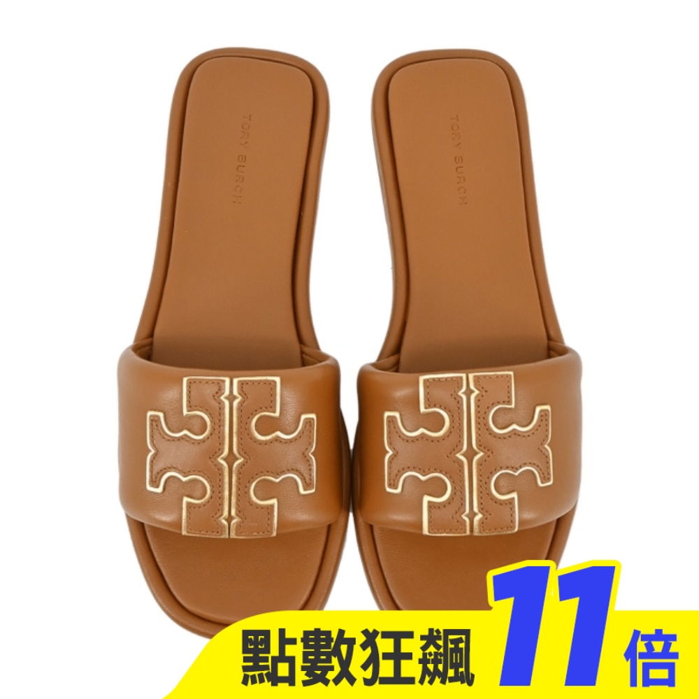 TORY BURCH DOUBLE T皮革拖鞋-棕79985-202-9