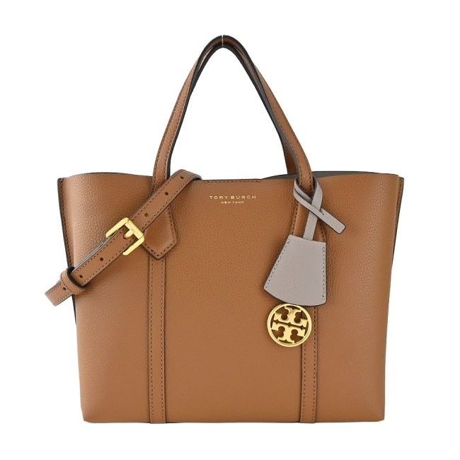 TORY BURCH PERRY燙金LOGO荔枝紋三層兩用包-棕81928-905