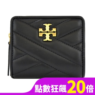 TORYBURCH TORY BURCH KIRA 金字LOGO羊皮斜紋拉鍊零錢短夾-黑90344-001