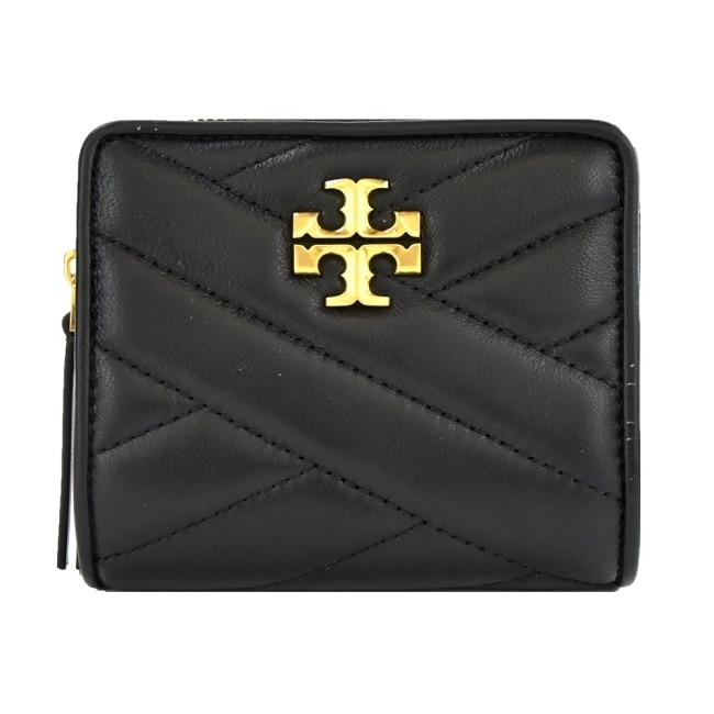 TORYBURCH TORY BURCH KIRA 金字LOGO羊皮斜紋拉鍊零錢短夾-黑90344-001