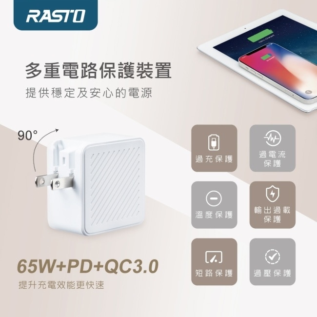 RASTO RB36 65W GaN氮化鎵三孔高功率快充+ 100W C to C鋁製線