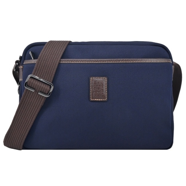 LONGCHAMP BOXFORD系列壓印皮標帆布相機斜背包(中/深藍)20053-080-127