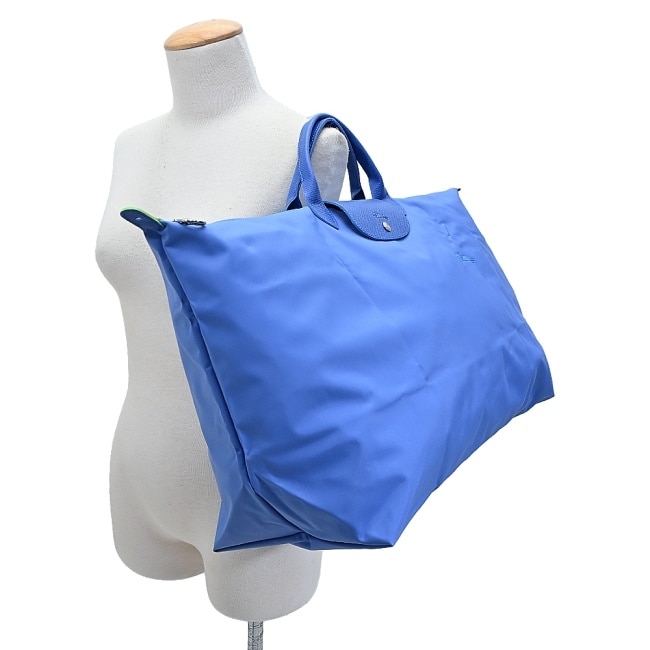 LONGCHAMP LE PLIAGE GREEN系列刺繡摺疊旅行袋(中/失車菊藍)1625-919-P82