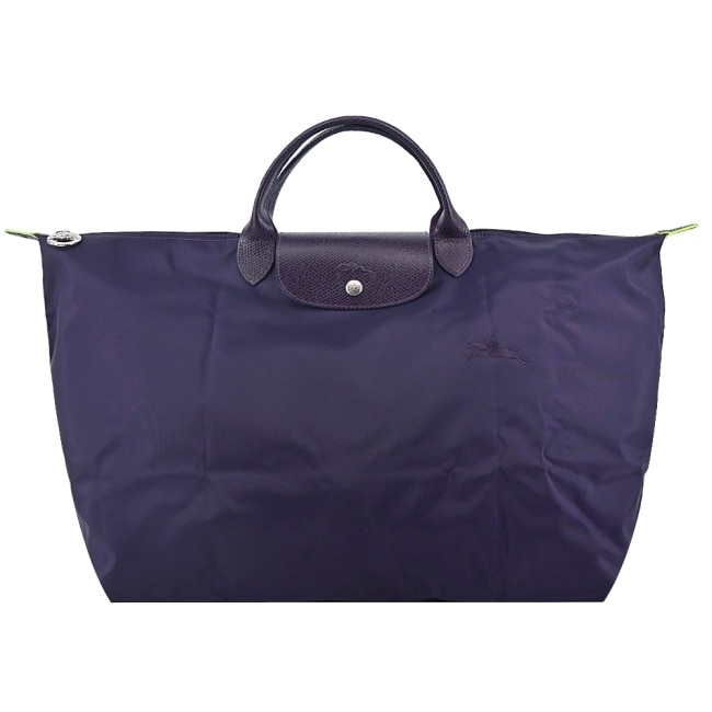 LONGCHAMP LE PLIAGE GREEN系列刺繡摺疊旅行袋(小/藍莓)1624-919-645